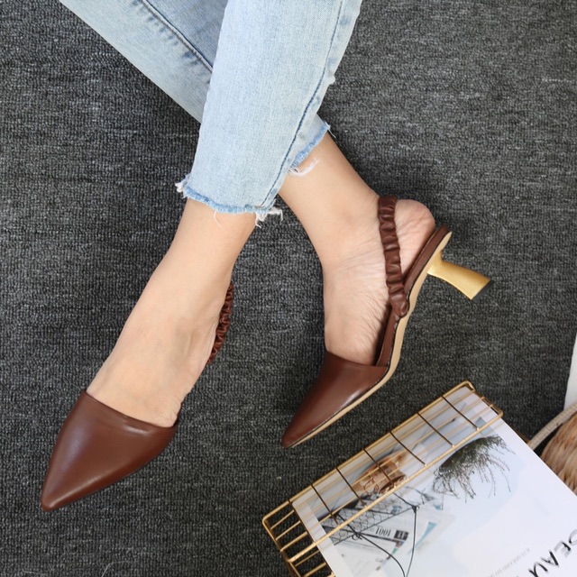 [CÓ SẴN] Giày Slingback quai hậu thun nhún dây nữ giày da hot bigsize cao cấp màu đen trắng màu da dự tiệc