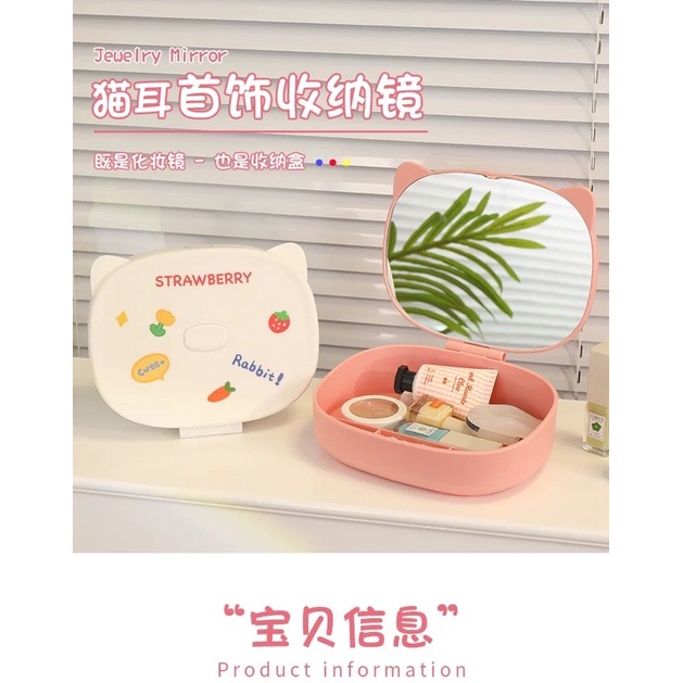 [Tặng Sticker] Gương tai mèo cute - Hộp đựng đồ makeup có gương tiện lợi đi du lịch