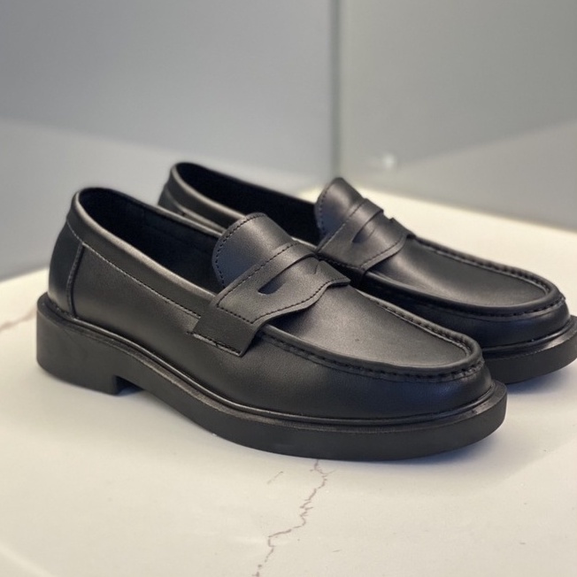 Penny Loafer Đen da bò đế cao, giày loafer đế 4cm
