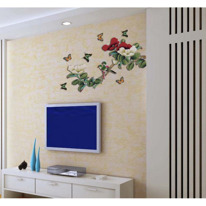 Decal trang trí tường Hoa Mẫu đơn trắng đỏ 3D