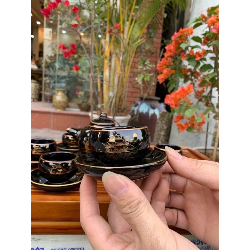 Bộ Ấm Chén Uống Trà, Bộ Bình Trà, Bộ Ấm Trà, Bộ Ấm Chén Bát Tràng - Thuận Buồm Xuôi Gió Men Đen Bóng