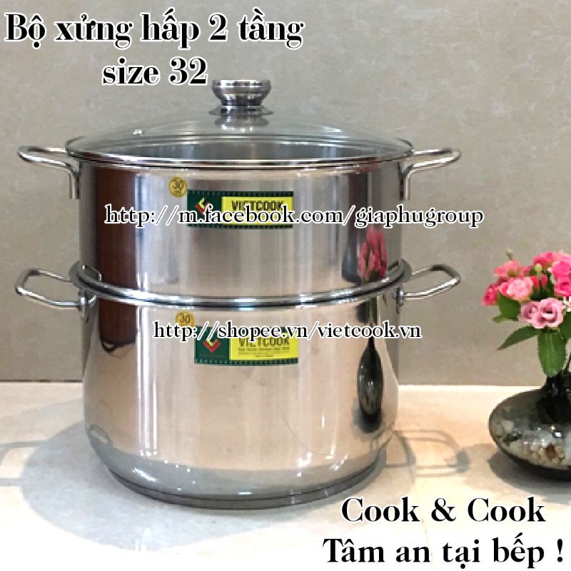 [CHÍNH HÃNG] Bộ xửng hấp inox size 32 cm Vietcook (nồi 15 lít) đáy từ, Chõ hấp, đồ xôi inox 6 đến 8 kg gạo