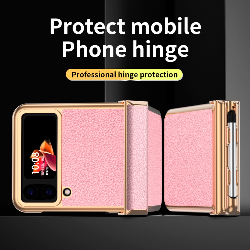 Ốp Điện Thoại Da Gập Đôi Mạ Điện Chống Sốc Có Ngăn Đựng Bút Cảm Ứng Cho Samsung Galaxy Z Flip 3 4