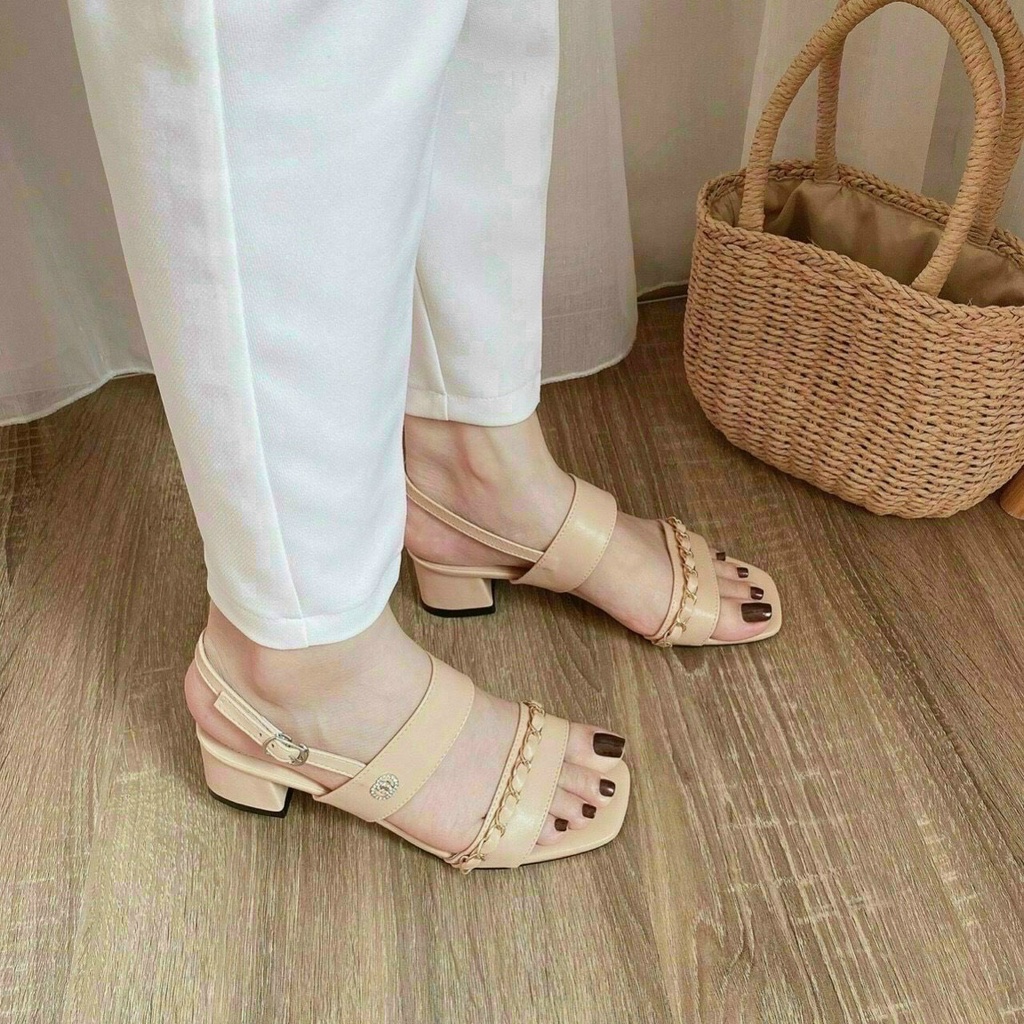 (S155) Sandal nữ gót 6 phân quai viền xích tag khuy X đá (Mã A94 - VNXK)