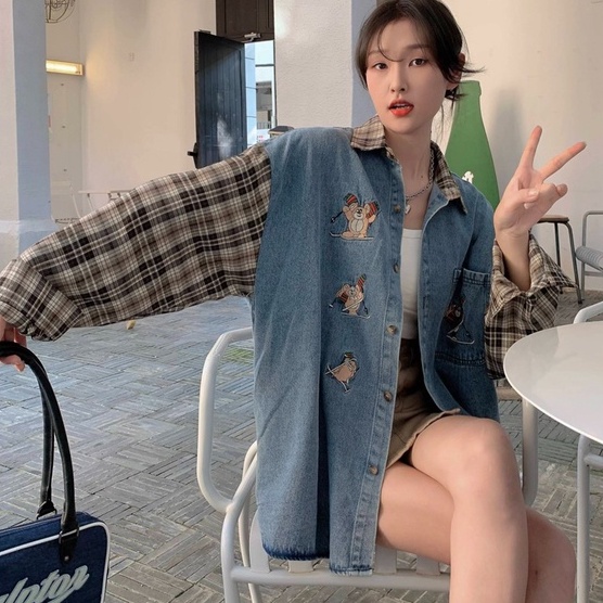 ZHELIHANGFEI Áo Khoác Sơ Mi Denim Tay Dài Dáng Rộng Kẻ Sọc Kiểu Retro Cá Tính