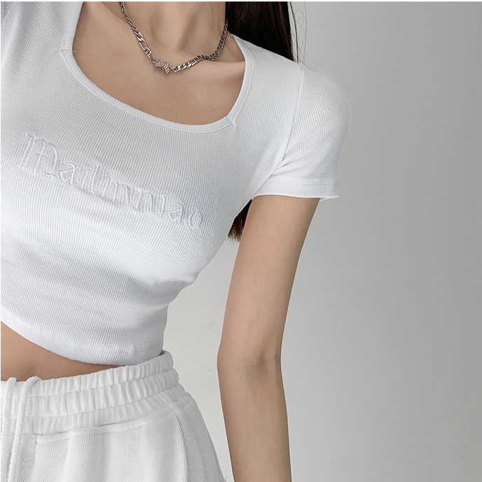 Áo Thun Croptop Ngắn Tay Cổ Vuông Thêu Chữ Phong Cách Hàn Quốc Thời Trang Cho Nữ