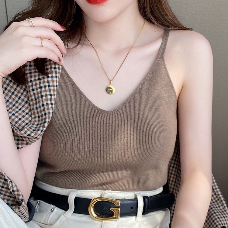 Áo dệt kim 2 dây SUXI cổ chữ V màu trơn đơn giản thời trang mùa hè cho nữ