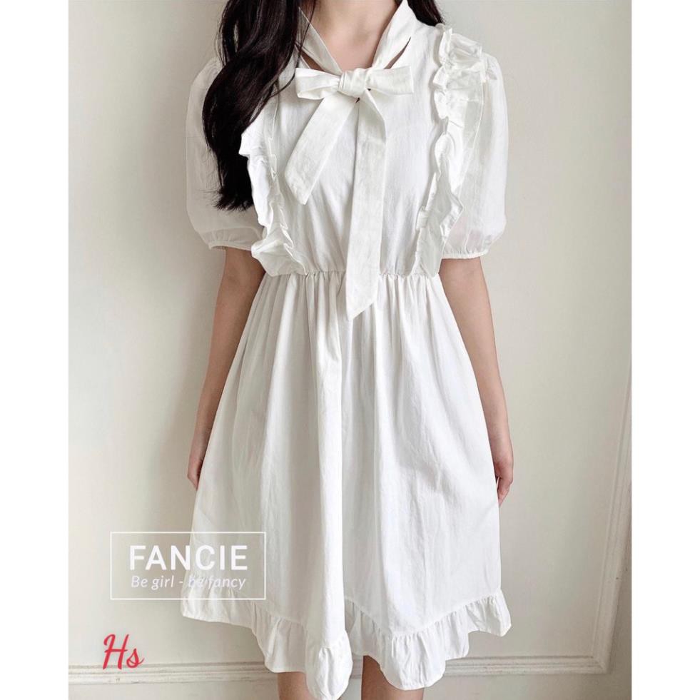 💃 Đầm Nữ Vai Bèo Cộc Tay Buộc Nơ. HANN's Closet.  Váy Trắng Chất Đũi Dáng Xòe Xinh Xinh Yêu Yêu | BigBuy360 - bigbuy360.vn