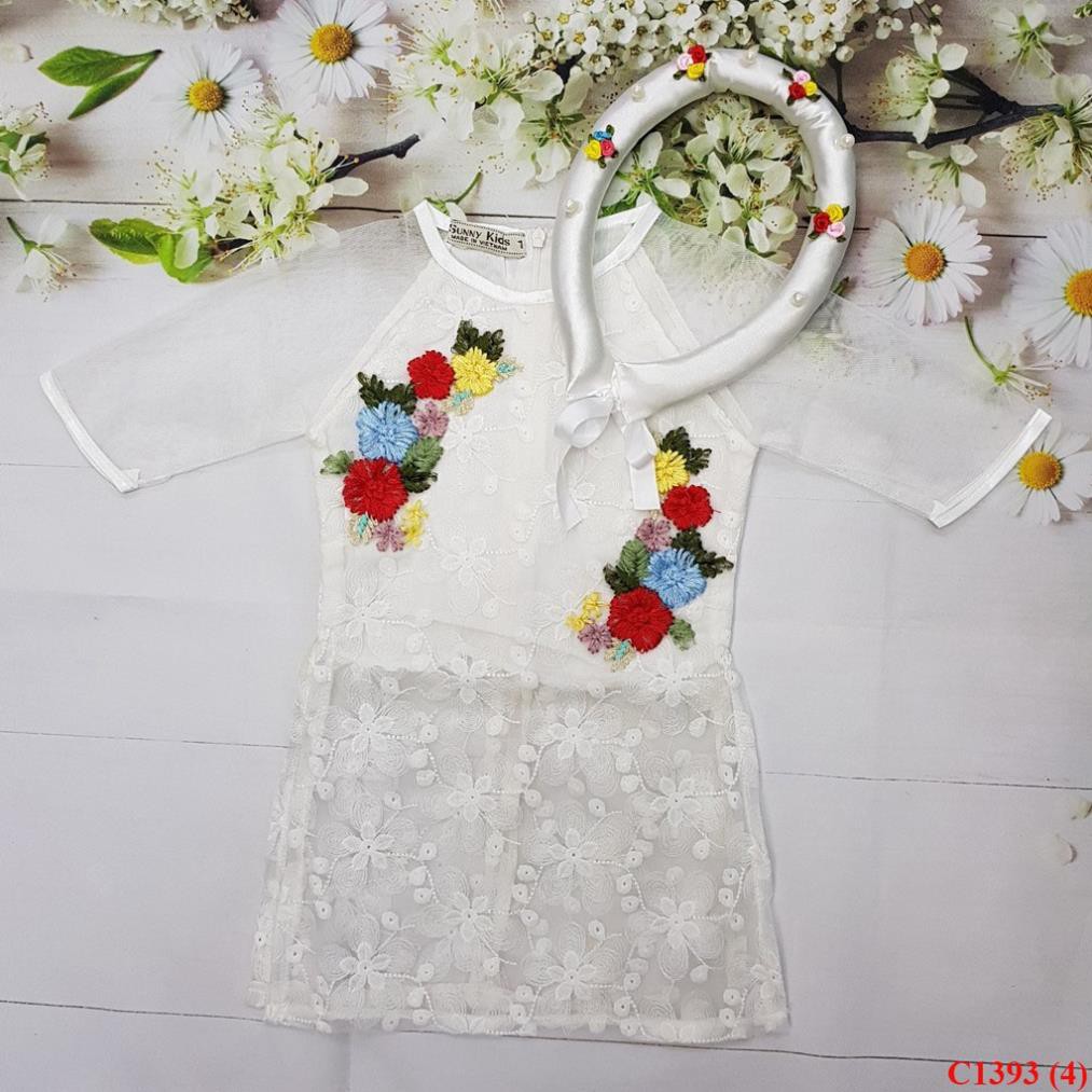 C1393- Áo dài cách tân bé gái, chất ren lưới, thêu hoa lá nhiều màu, màu trắng, size 1-7, made in Việt Nam