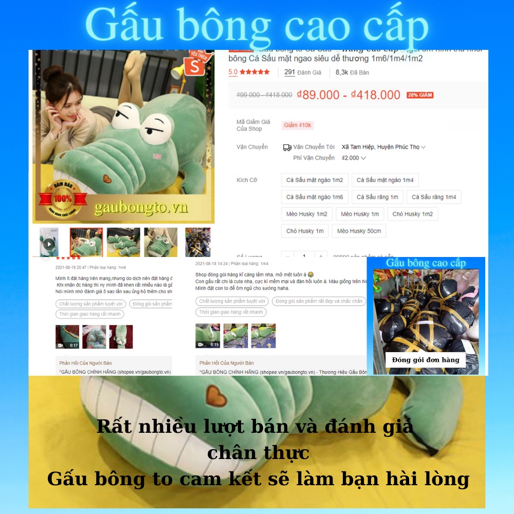 Gấu bông to Cá Sấu 🛡𝑯𝒂̀𝒏𝒈 𝑪𝒂𝒐 𝑪𝒂̂́𝒑🛡,gối ôm hình thú nhồi bông Cá Sấu mặt ngao siêu dễ thương 1m6/1m4/1m2