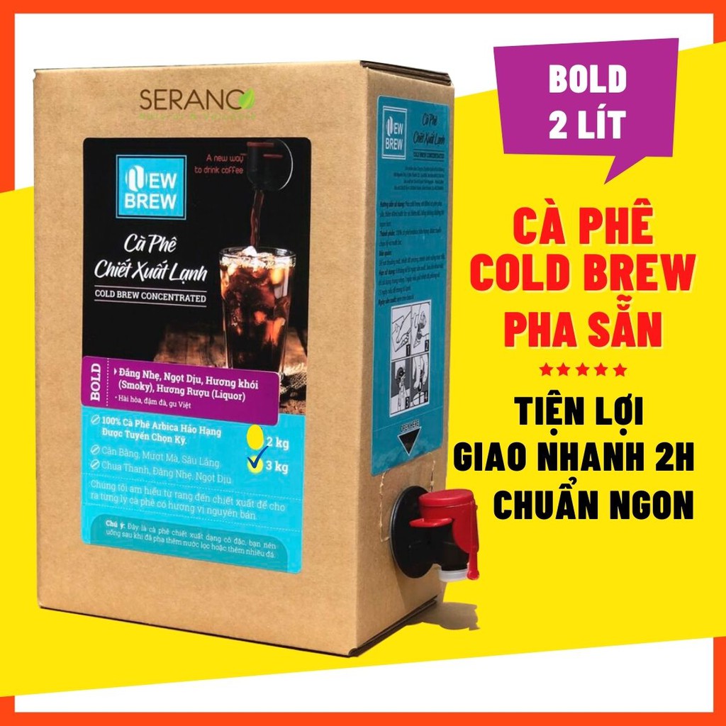 Cà phê cold brew coffee ủ lạnh New Brew dòng Bold 2 lít, cafe pha sẵn uống liền, đóng hộp túi vô trùng, dễ giảm cân