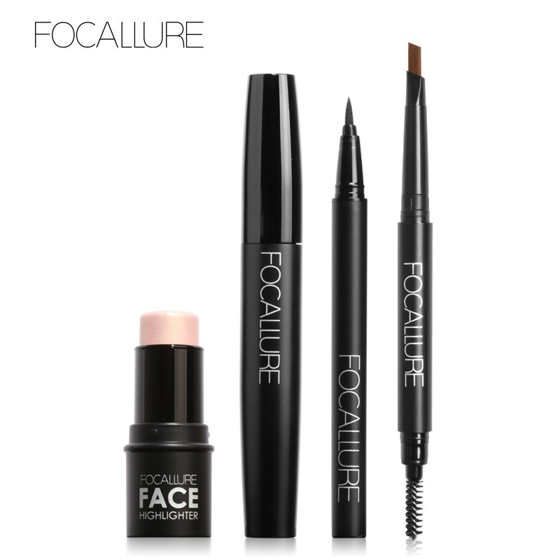 Bộ 4 mỹ phẩm trang điểm FOCALLURE gồm bút kẻ mắt + mascara + chì kẻ mày + kem bắt sáng đa năng