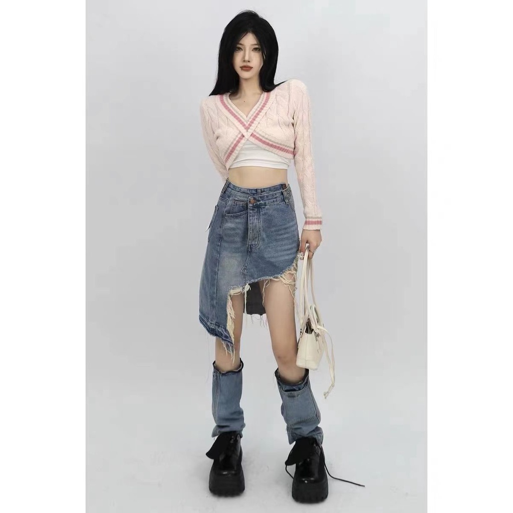 Chân váy denim lưng cao dáng chữ a rách gối phong cách Âu Mỹ thời trang cho nữ tKRQ