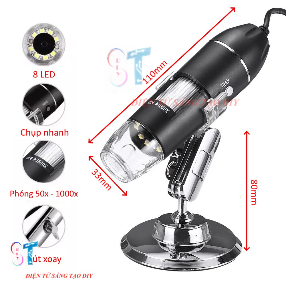 Kính Hiển Vi Điện Tử Phóng Đại 1600X Kết Nối Điện Thoại Và Máy Tính Digital Microscope kèm Đầu Chuyển OTG Sang Micro USB