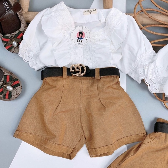 Bộ bé gái đi chơi, Áo sơ mi tiểu thư + Quần thô kaki + dây lưng từ