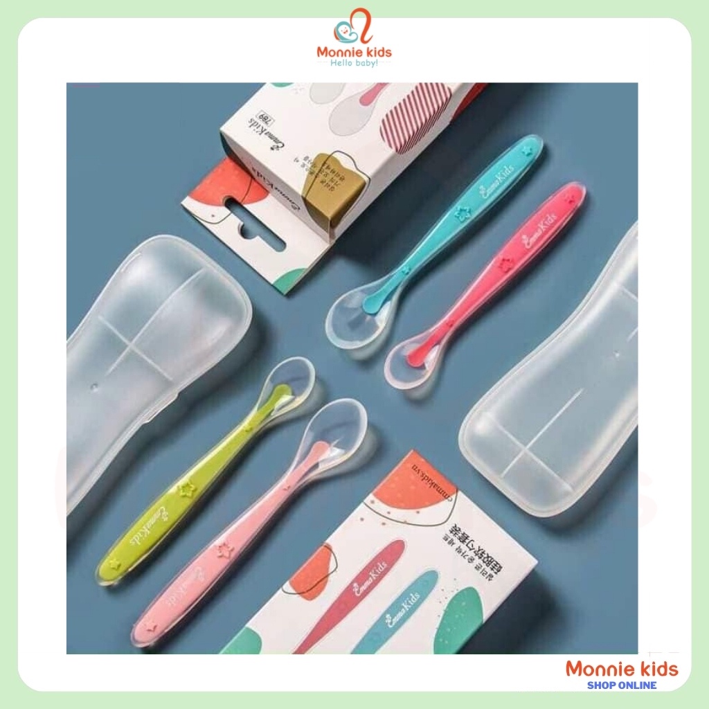 Thìa ăn dặm silicon Emma cho bé, set 2 muỗng silicone ăn dặm cao cấp cho trẻ - Monnie Kids