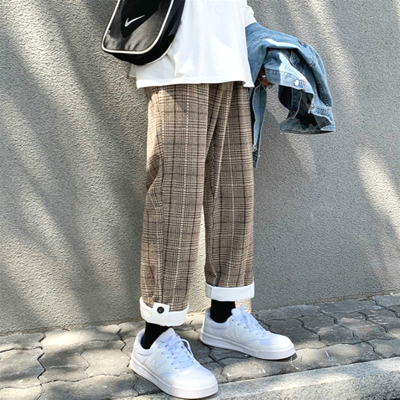 Quần Dài Ống Rộng Họa Tiết Caro Thời Trang Phong Cách Hàn Quốc Cho Nam