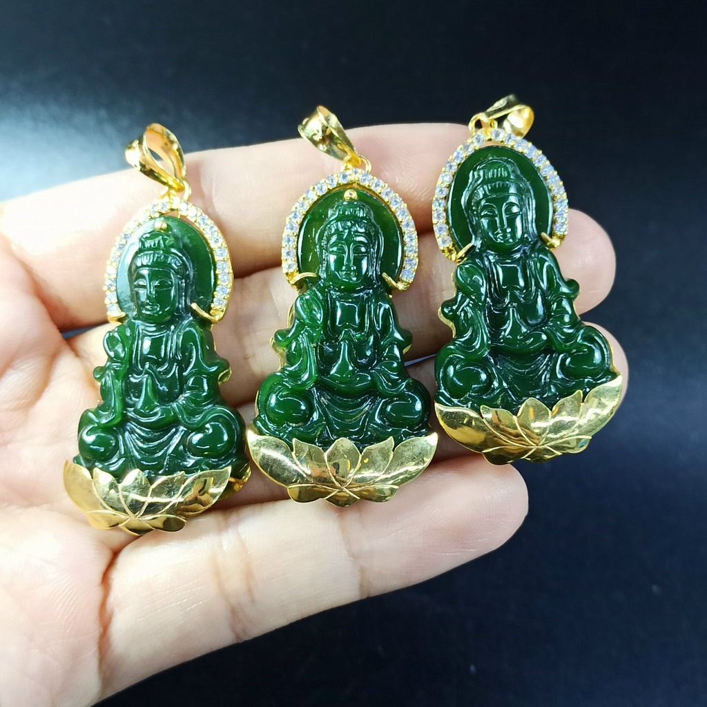 Mặt Dây Chuyền Vàng 10K Quan Thế Âm NB Xanh Đậm Ngồi Đài Sen 5 Cánh TUDO QTA_NB_AU10K