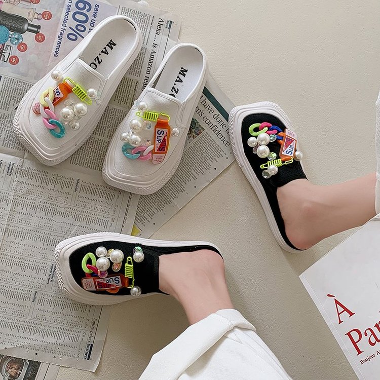 [ Mã 66CBSALE giảm 30K đơn 200K] Dép Vải Canvas Đế Bằng Mũi Vuông Đính Ngọc Trai Xinh Xắn | BigBuy360 - bigbuy360.vn