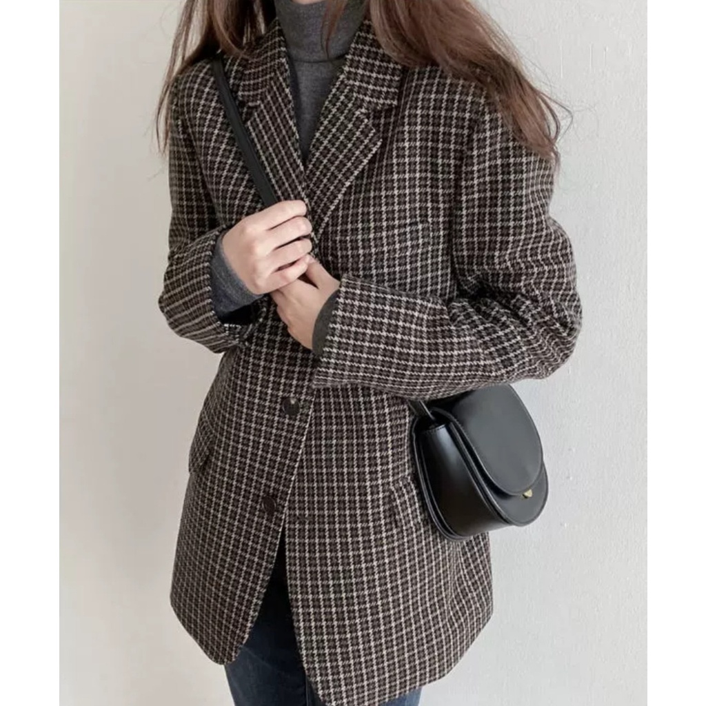 Ảnh thật 2 hình cuối-HC842.Áo khoác dạ houndstooth thu đông phong cách Hàn Quốc
