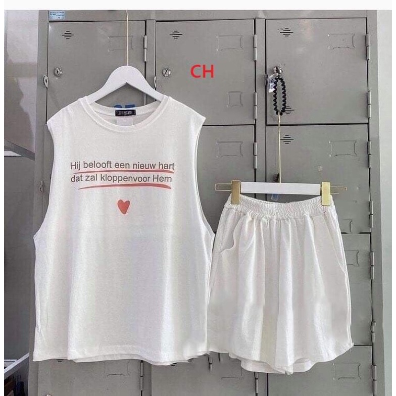 Set bộ tanktop 3 món chữ Hi Unisex ❤ Gồm Tank top 3 lỗ+ Quần Short+ áo braPhong cách HQ