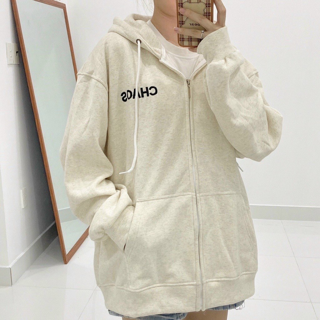 Áo khoác nỉ bông cotton cao cấp áo khóa dây kéo zip dày dặn in chữ CHAOS form rộng unisex nam nữ AQ STORE