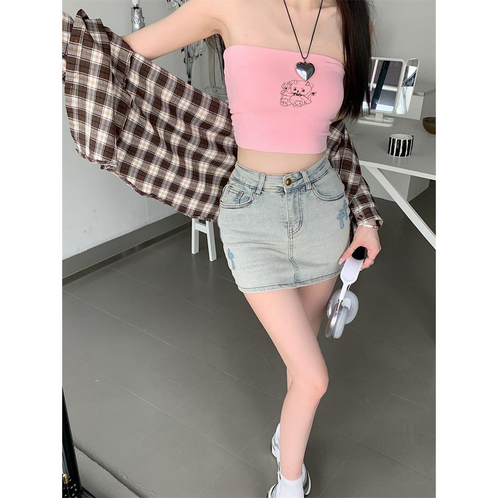 「MOTEL7」Chân Váy Jeans Ngắn Lưng Cao Thêu Chữ Thập Phong Cách Mới Cho Nữ