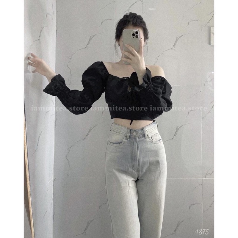Áo croptop cổ V cột dây tay dài bồng
