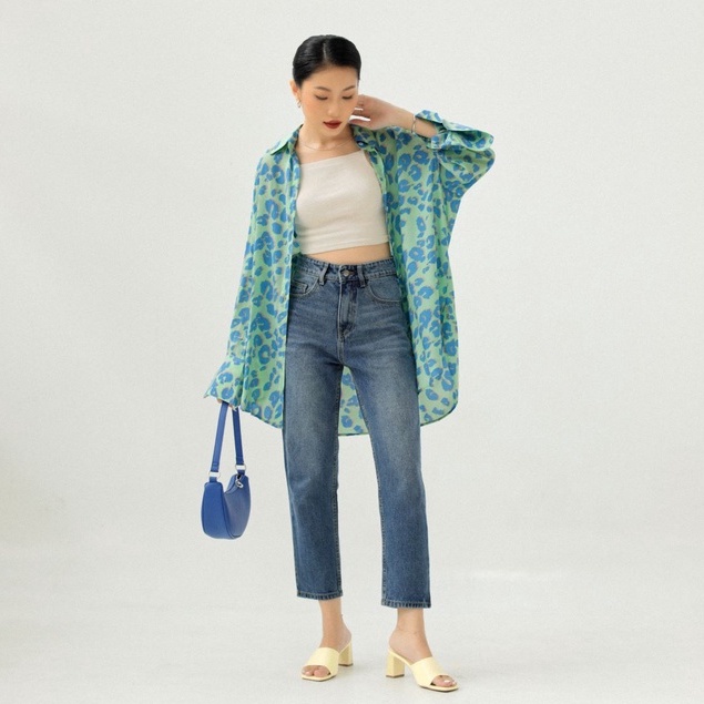 Quần Jeans Cotton Nữ Lưng Cao Form Straight Jeans Ống Đứng Màu Aqua Blue  - Weier.Q