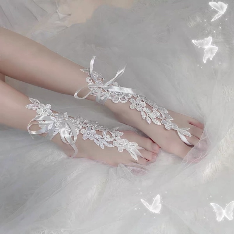 Lắc chân xỏ ngón , choker chân hoa ren phối dây buộc mac YU-99