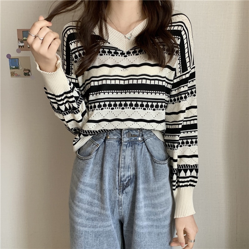 Áo sweater ZHELIHANGFEI tay dài dáng rộng cổ chữ V họa tiết kẻ sọc trẻ trung