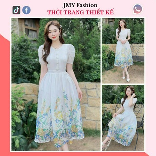V293 Váy voan trắng xoè hoa tiểu thư [Hà Thanh] váy xoè trắng ly ngực chân váy hoa vàng xanh