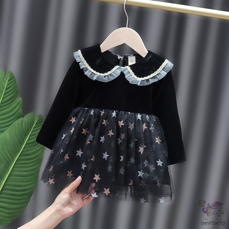 Đầm Tay Dài Phối Lưới Phong Cách Hàn Quốc Cho Bé Gái