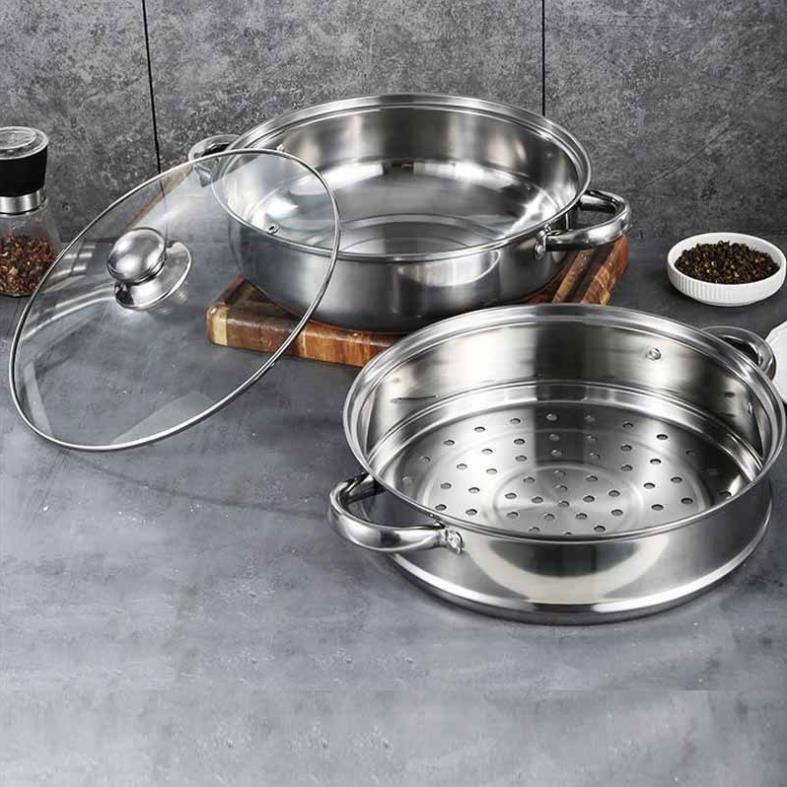 Nồi inox có giá hấp 2 tầng đa năng,bộ xửng hấp inox 2 tầng kèm lắp kính tiện lợi,nồi hấp