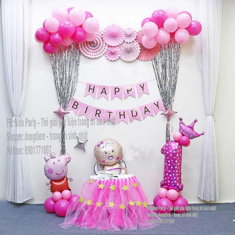 Set trang trí sinh nhật cho bé tuổi heo, set sinh nhật cho bé 1 tuổi tặng kèm bơm và băng dính