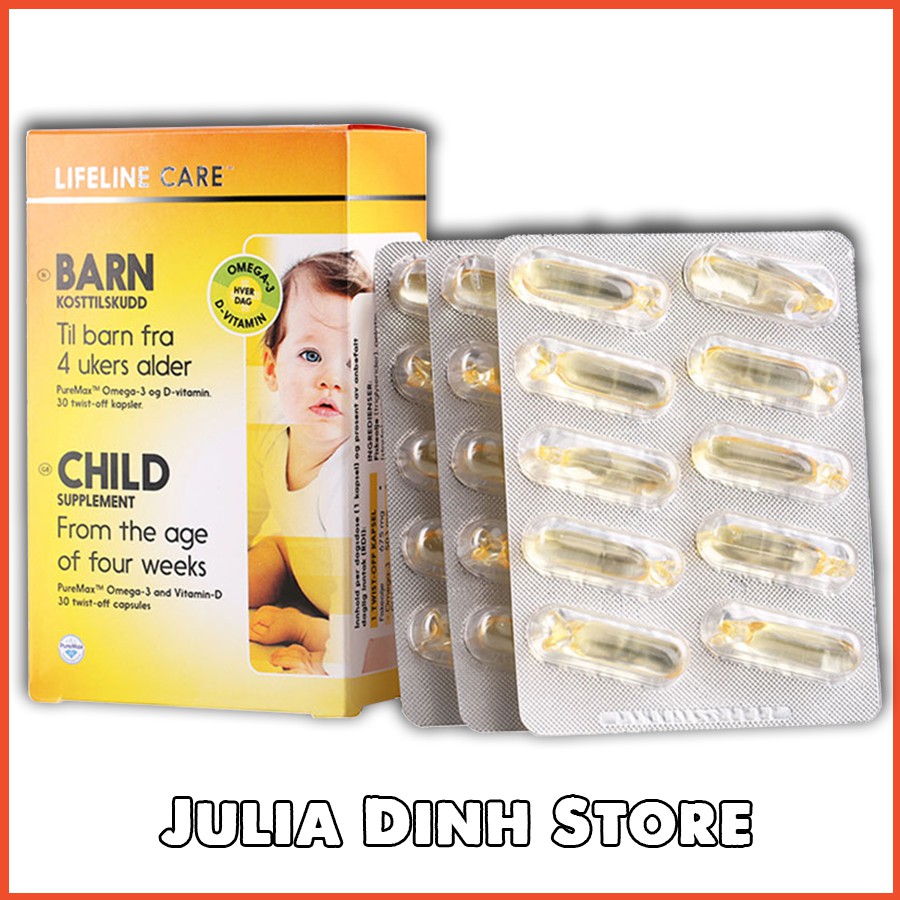 Dầu cá kim cương DHA Vitamin D3 BARN Lifeline Care Nauy cho bé từ 4 tuần tuổi hộp 30 viên