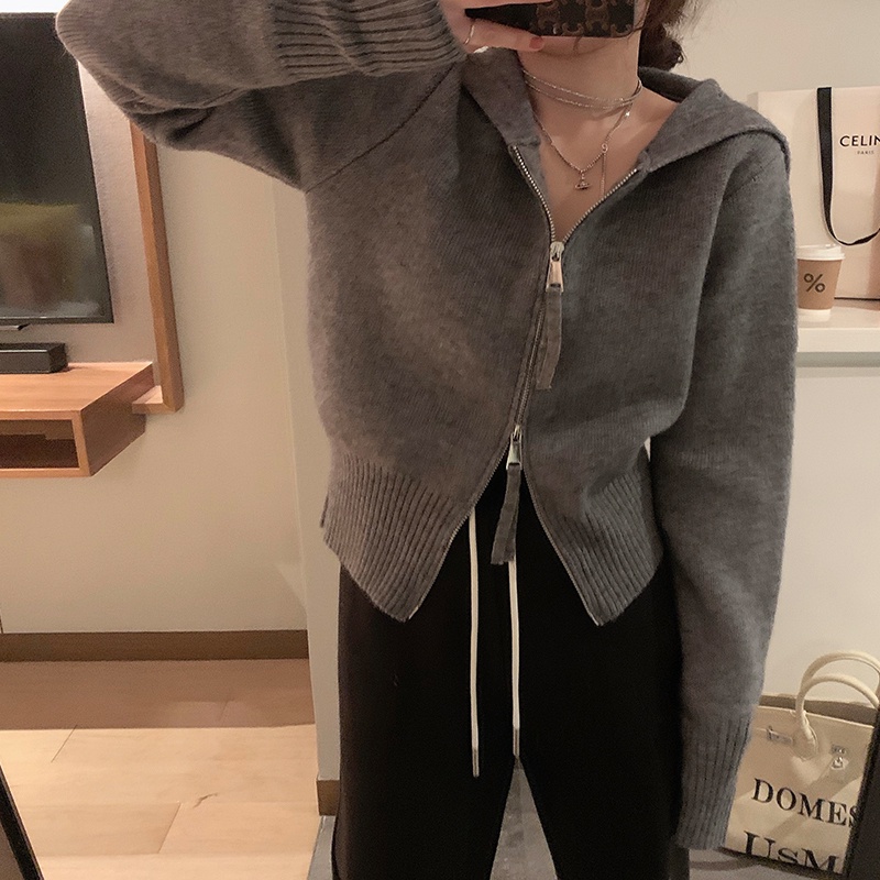 ZHELIHANGFEI Áo Khoác Cardigan Dệt Kim Phối Khoá Kéo Thời Trang