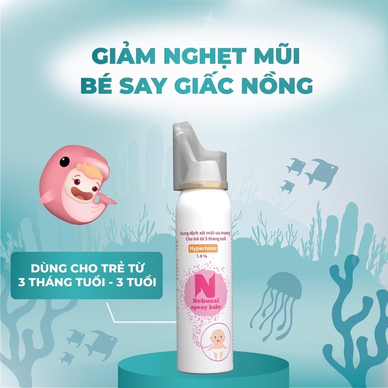 Dung dịch xịt mũi ưu trương cho trẻ từ 3 tháng tuổi Nebusal spray baby 1.9% chai 50ml làm sạch mũi trường hợp ngat mũi