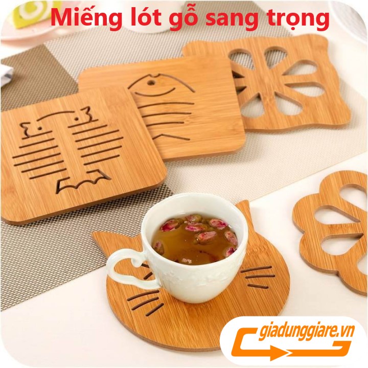 Combo 02 Miếng lót nồi lót cốc ly bằng gỗ sang trọng chống trượt cách nhiệt (15x15cm, Hình giao ngẫu nhiên)