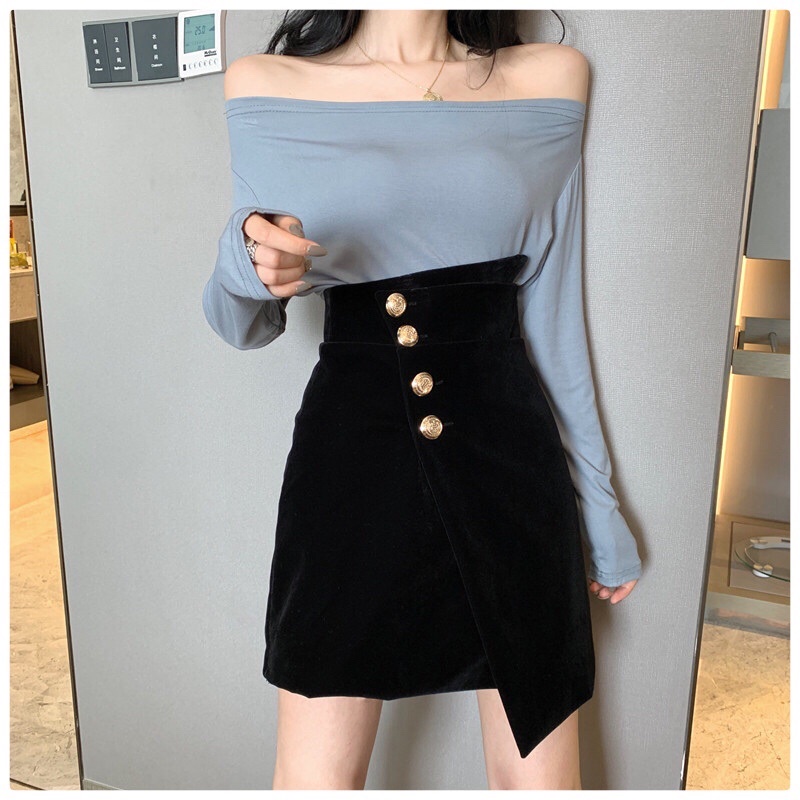 Chân Váy Đen Nhung Gài Nút Cạp Lệch - SOGI CV01