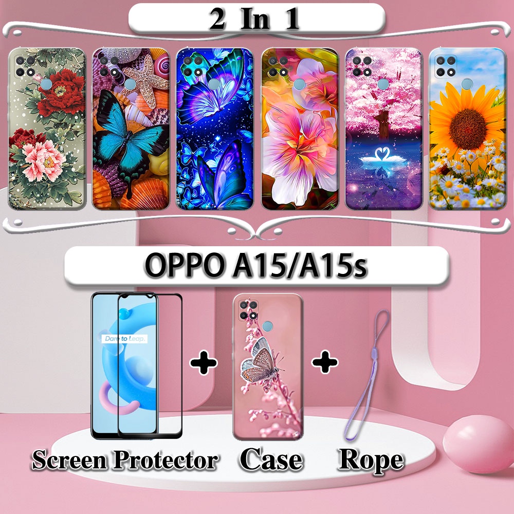 Ốp Lưng Điện Thoại Mặt Kính Cường Lực Viền Cong Họa Tiết Hoa Cho OPPO A15 A15s 2 Trong 1