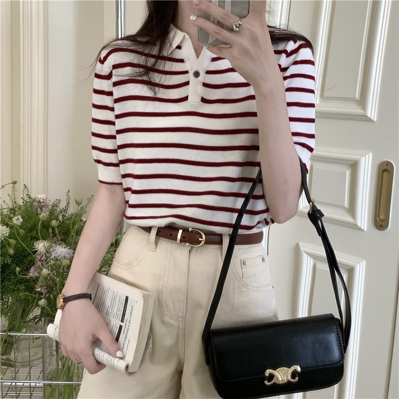 51704 Áo Sơ Mi POLO Dệt Kim Sọc Dễ Phối Đồ