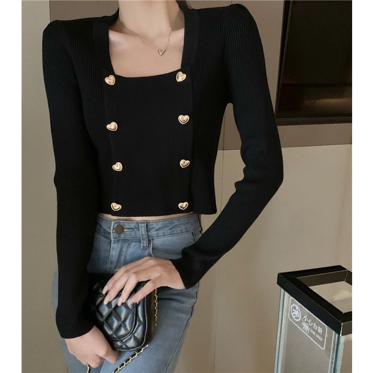 Áo sweater Dệt Kim Tay Dài Cổ Vuông Hai Hàng Nút Thời Trang Thu Đông Hàn Quốc Cho Nữ