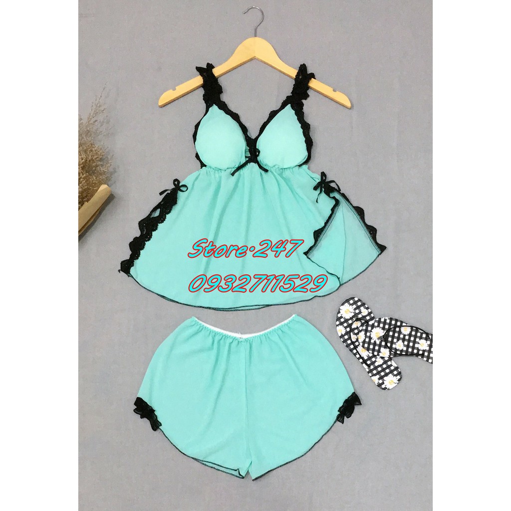 [SIZE DƯỚI 60KG] Bộ Voan mặc ngủ có mút ngực xẻ hông dễ thương sexy bao mát hàng Xưởng nhà may - Bộ voan xẻ tà | BigBuy360 - bigbuy360.vn