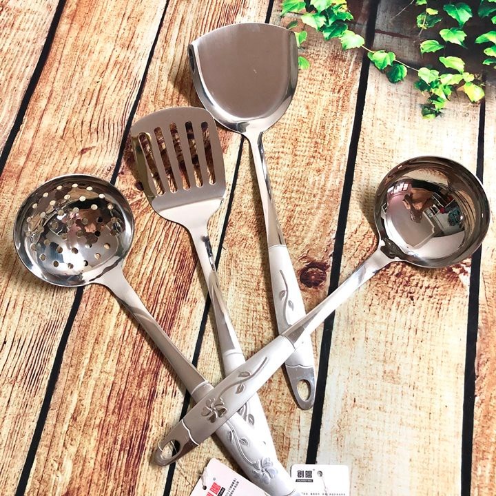 COMBO BỘ 4 dụng cụ nhà bếp VÁ - SẠN - SẠN LỖ - VÁ LỖ INOX cán Bông 32cm - N036