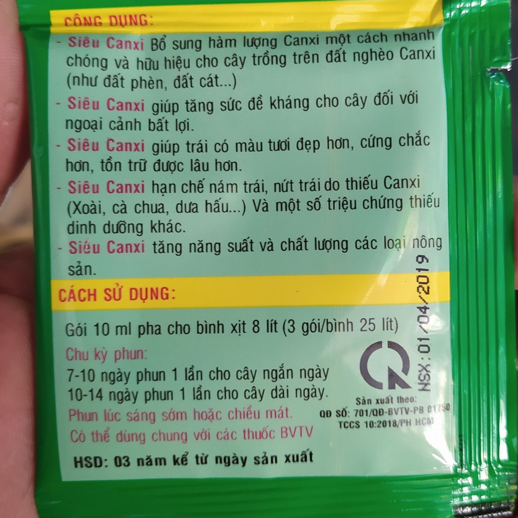Phân Bón Lá Siêu CANXI 10ml chống thối trái, nứt trái, nám trái, rụng trái