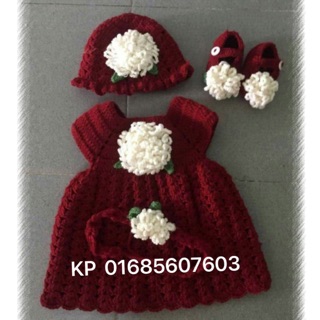 Set váy len handmade đỏ hoa trắng