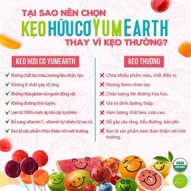 Kẹo mút hữu cơ trái cây YUMEARTH gói 14 cây