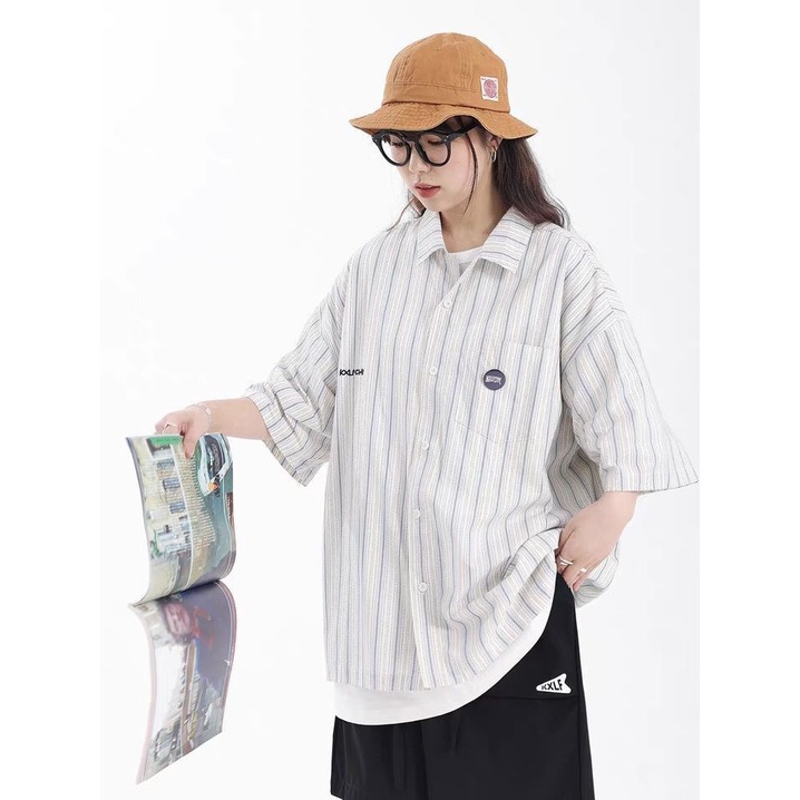 Áo Sơ Mi Ngắn Tay Họa Tiết Kẻ Sọc Phong Cách Retro Dành Cho Nữ