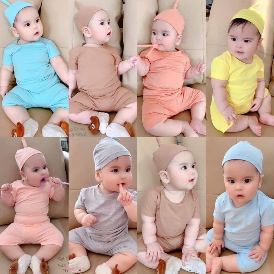 Bộ cộc tay cho bé - Bộ minky mom cho bé kèm mũ củ tỏi, được chọn màu